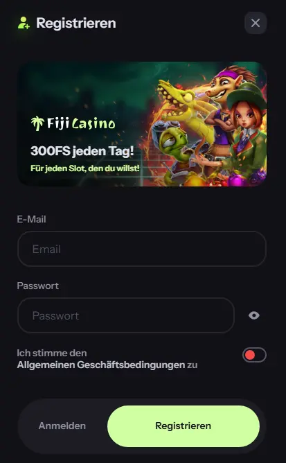Registrierungsformular – Spielerkonto mit E-Mail-Adresse und Passwort erstellen